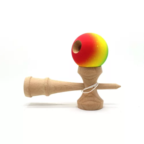 Jucarie lemn Kendama X, originala, profesionala, Rubber Grip, rosu/galben/albastru