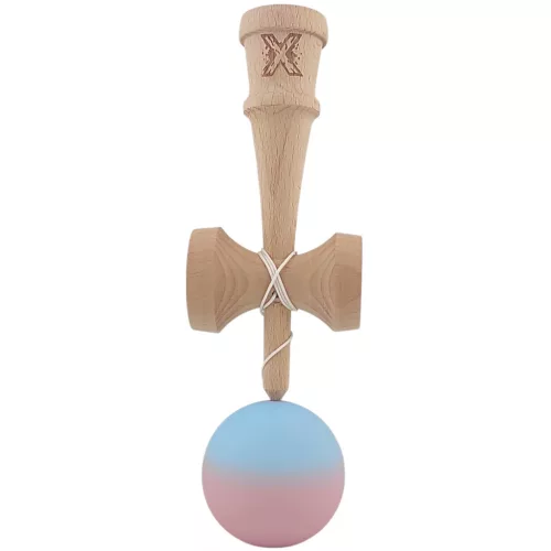 Jucarie lemn Kendama X, originala, profesionala, Rubber Grip, albastru/roz