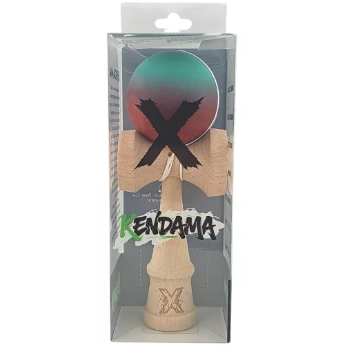 Jucarie lemn Kendama X, originala, profesionala, Rubber Grip, rosu/verde