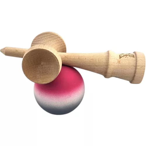 Jucarie lemn Kendama X, originala, profesionala, Rubber Grip, roz/alb/gri