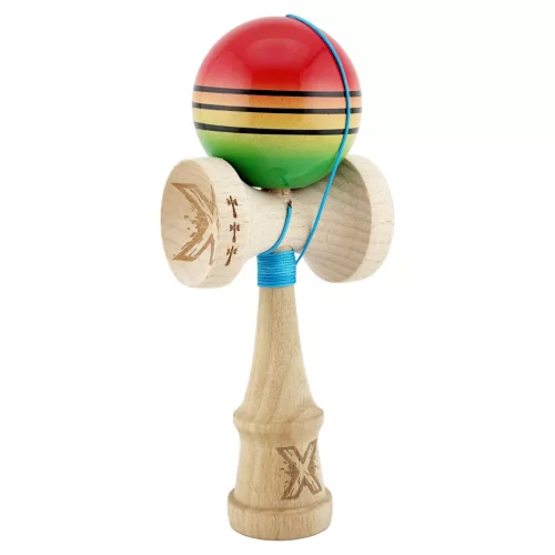 Jucarie lemn Kendama X, Super Sticky, cupe mari V2, gaura in basecup, rulment, ata rezerva, rosu/galben/verde