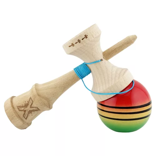 Jucarie lemn Kendama X, Super Sticky, cupe mari V2, gaura in basecup, rulment, ata rezerva, rosu/galben/verde