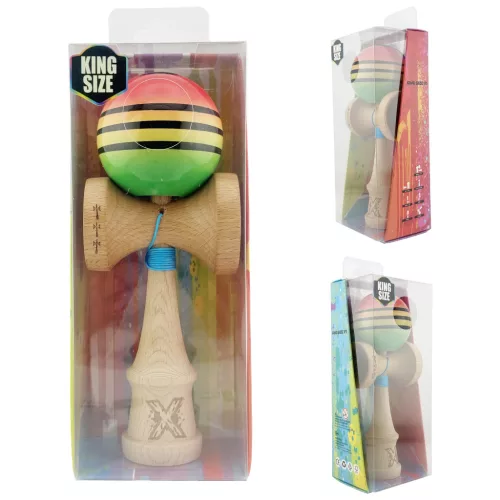 Jucarie lemn Kendama X, Super Sticky, cupe mari V2, gaura in basecup, rulment, ata rezerva, rosu/galben/verde