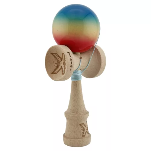 Jucarie lemn Kendama X, Super Sticky, cupe mari V2, rulment, ata rezerva, rosu/galben/albastru
