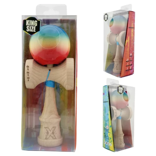 Jucarie lemn Kendama X, Super Sticky, cupe mari V2, rulment, ata rezerva, rosu/galben/albastru
