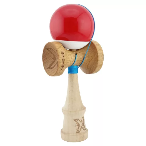 Jucarie lemn Kendama X, Super Sticky, cupe mari V2, gaura in basecup, rulment, ata rezerva, rosu/alb