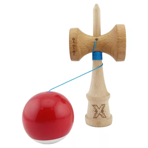 Jucarie lemn Kendama X, Super Sticky, cupe mari V2, gaura in basecup, rulment, ata rezerva, rosu/alb