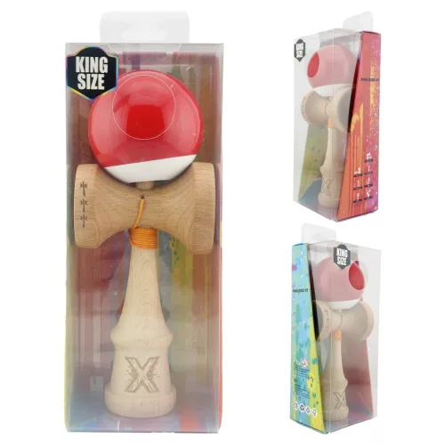 Jucarie lemn Kendama X, Super Sticky, cupe mari V2, gaura in basecup, rulment, ata rezerva, rosu/alb
