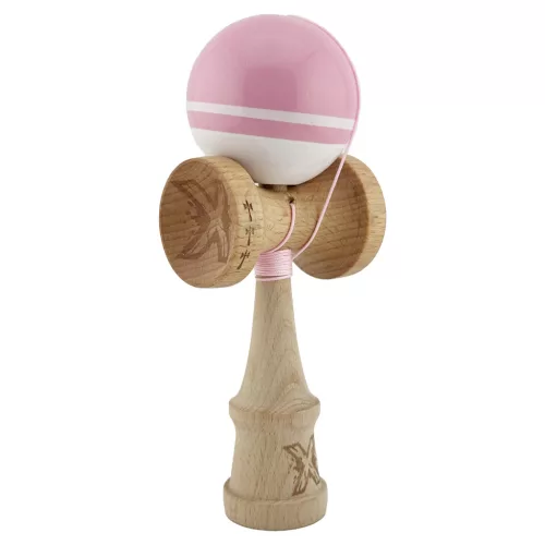 Jucarie lemn Kendama X, Super Sticky, cupe mari V2, gaura in basecup, rulment, ata rezerva, roz/alb