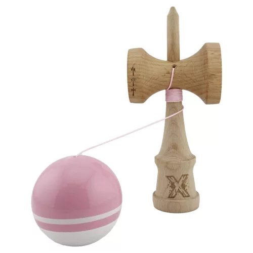 Jucarie lemn Kendama X, Super Sticky, cupe mari V2, gaura in basecup, rulment, ata rezerva, roz/alb