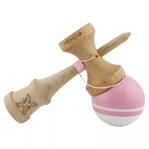 Jucarie lemn Kendama X, Super Sticky, cupe mari V2, gaura in basecup, rulment, ata rezerva, roz/alb