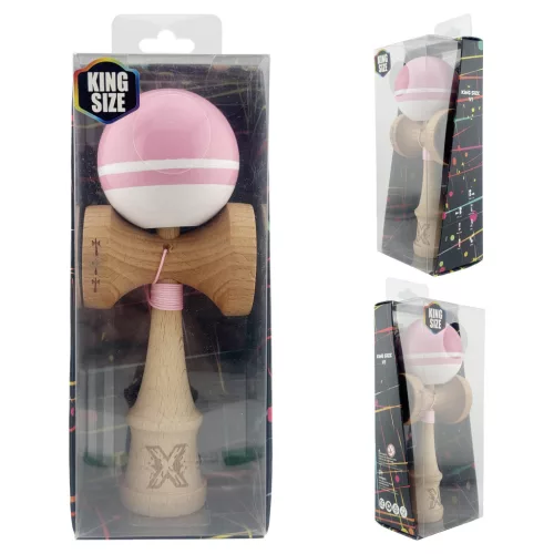Jucarie lemn Kendama X, Super Sticky, cupe mari V2, gaura in basecup, rulment, ata rezerva, roz/alb