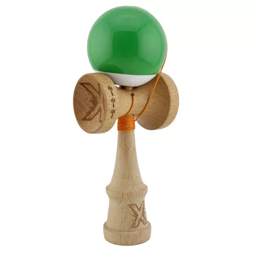 Jucarie lemn Kendama X, Super Sticky, cupe mari V2, gaura in basecup, rulment, ata rezerva, verde/alb