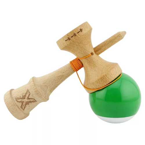 Jucarie lemn Kendama X, Super Sticky, cupe mari V2, gaura in basecup, rulment, ata rezerva, verde/alb