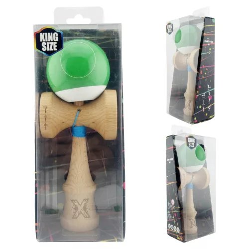 Jucarie lemn Kendama X, Super Sticky, cupe mari V2, gaura in basecup, rulment, ata rezerva, verde/alb