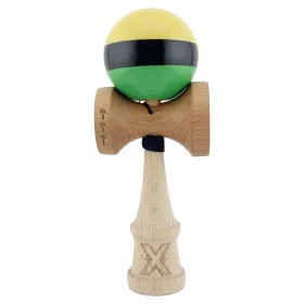   Jucarie lemn Kendama X, Super Sticky, cupe mari V2, gaura in basecup, rulment, ata rezerva, galben/negru/verde