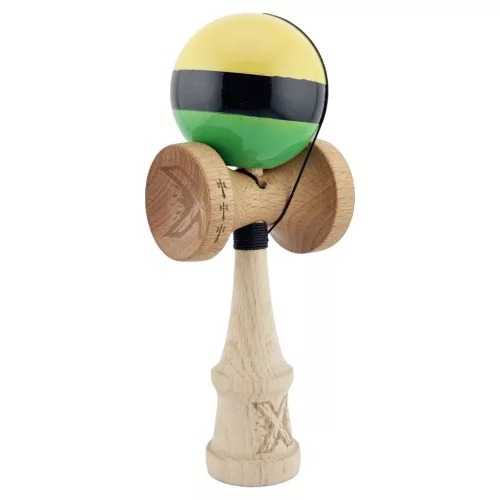 Jucarie lemn Kendama X, Super Sticky, cupe mari V2, gaura in basecup, rulment, ata rezerva, galben/negru/verde