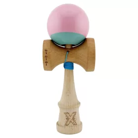   Jucarie lemn Kendama X, Super Sticky, cupe mari V2, gaura in basecup, rulment, ata rezerva, roz/verde