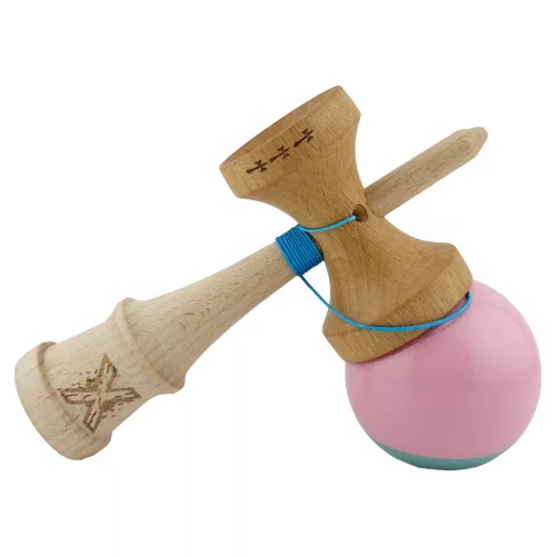 Jucarie lemn Kendama X, Super Sticky, cupe mari V2, gaura in basecup, rulment, ata rezerva, roz/verde