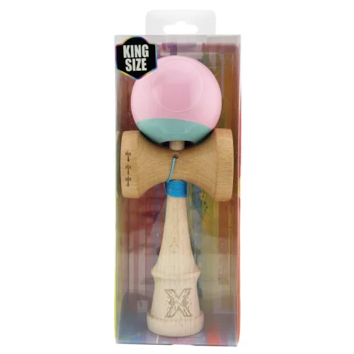Jucarie lemn Kendama X, Super Sticky, cupe mari V2, gaura in basecup, rulment, ata rezerva, roz/verde