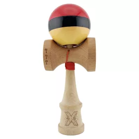   Jucarie lemn Kendama X, Super Sticky, cupe mari V2, gaura in basecup, rulment, ata rezerva, rosu/negru/galben