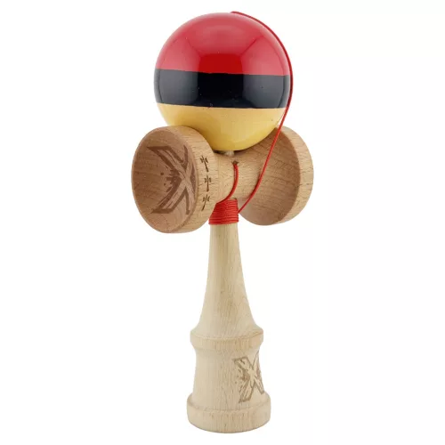 Jucarie lemn Kendama X, Super Sticky, cupe mari V2, gaura in basecup, rulment, ata rezerva, rosu/negru/galben