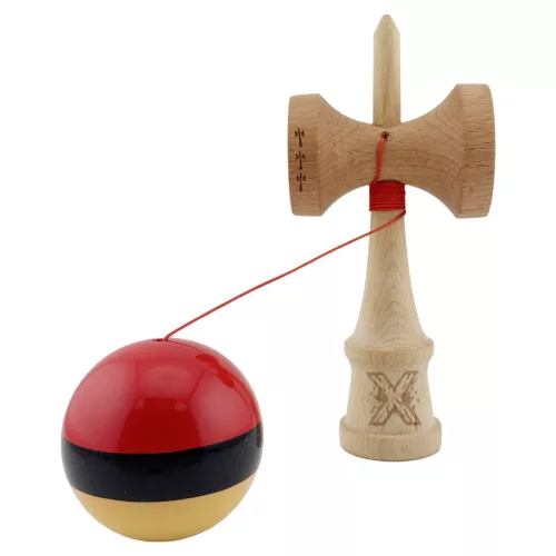 Jucarie lemn Kendama X, Super Sticky, cupe mari V2, gaura in basecup, rulment, ata rezerva, rosu/negru/galben
