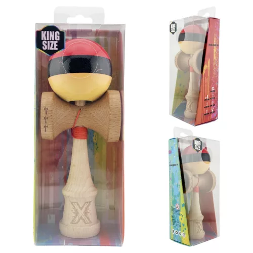 Jucarie lemn Kendama X, Super Sticky, cupe mari V2, gaura in basecup, rulment, ata rezerva, rosu/negru/galben