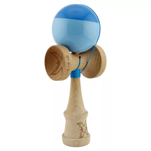 Jucarie lemn Kendama X, Super Sticky, cupe mari V2, gaura in basecup, rulment, ata rezerva, albastru/bleu