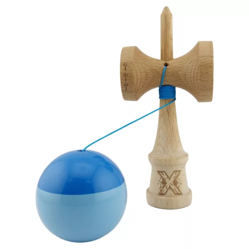 Jucarie lemn Kendama X, Super Sticky, cupe mari V2, gaura in basecup, rulment, ata rezerva, albastru/bleu