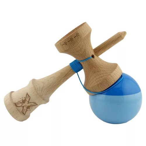 Jucarie lemn Kendama X, Super Sticky, cupe mari V2, gaura in basecup, rulment, ata rezerva, albastru/bleu