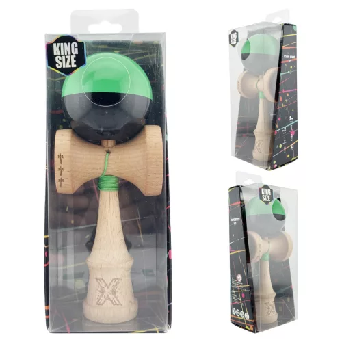 Jucarie lemn Kendama X, Super Sticky, cupe mari V2, gaura in basecup, rulment, ata rezerva, verde/negru