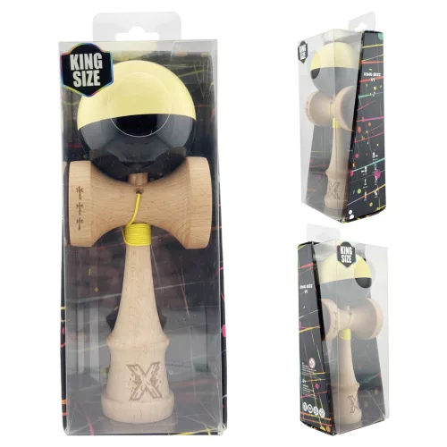 Jucarie lemn Kendama X, Super Sticky, cupe mari V2, gaura in basecup, rulment, ata rezerva, galben/negru