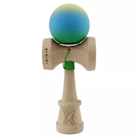   Jucarie lemn Kendama X, Rubber Grip, cupe mari V3, gaura in basecup, rulment, ata rezerva, verde/galben/albastru