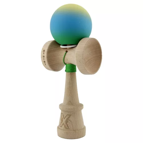 Jucarie lemn Kendama X, Rubber Grip, cupe mari V3, gaura in basecup, rulment, ata rezerva, verde/galben/albastru