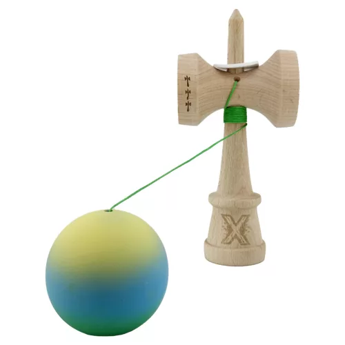 Jucarie lemn Kendama X, Rubber Grip, cupe mari V3, gaura in basecup, rulment, ata rezerva, verde/galben/albastru