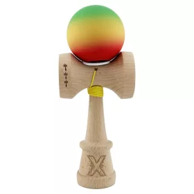   Jucarie lemn Kendama X, Rubber Grip, cupe mari V3, gaura in basecup, rulment, ata rezerva, verde/galben/rosu