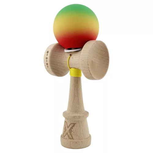 Jucarie lemn Kendama X, Rubber Grip, cupe mari V3, gaura in basecup, rulment, ata rezerva, verde/galben/rosu