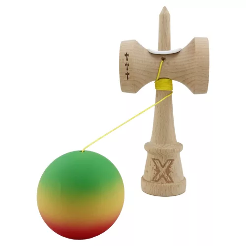 Jucarie lemn Kendama X, Rubber Grip, cupe mari V3, gaura in basecup, rulment, ata rezerva, verde/galben/rosu