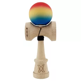   Jucarie lemn Kendama X, Rubber Grip, cupe mari V3, gaura in basecup, rulment, ata rezerva, rosu/galben/albastru