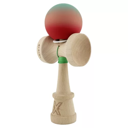 Jucarie lemn Kendama X, Rubber Grip, cupe mari V3, gaura in basecup, rulment, ata rezerva, verde/roz/rosu
