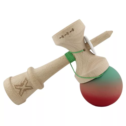 Jucarie lemn Kendama X, Rubber Grip, cupe mari V3, gaura in basecup, rulment, ata rezerva, verde/roz/rosu