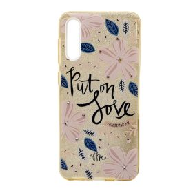   Husa Flowers Glitter pentru Apple iPhone 7 / 8, cu mesaj, aurie
