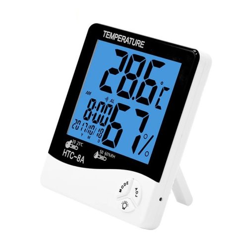 Ceas digital HTC-8A, statie meteo, termometru, higrometru, umiditate, ecran iluminat, alb