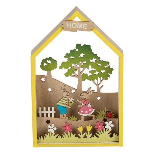 Decoratiune de Paste din lemn Casuta Iepurasi Baiat si Fetita, 14 x 4 x 22 cm