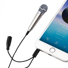   Mini microfon pentru karaoke, podcast, 1.8 x 5.5 cm, conector jack 3.5 mm, argintiu