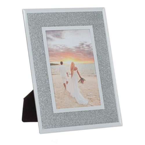 Rama foto decoratia din sticla, oglinda argintie cu glitter, 10 x 15 cm