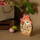 Decoratiune de Paste din lemn, model Iepurasi si oua colorate, panglica in carouri, 11 x 2.5 x 14 cm 