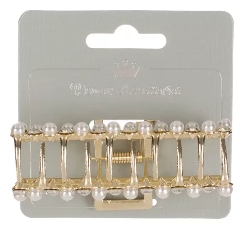 Clama par de culoare aurie, perle albe & strass, 9 cm