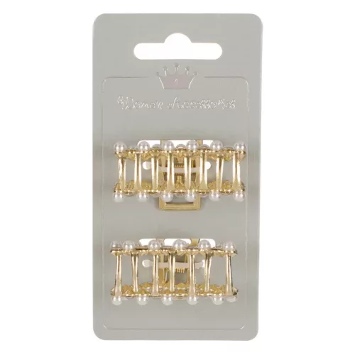 Clame par aurii, cu strass & perle albe, 5 cm, 2 bucati